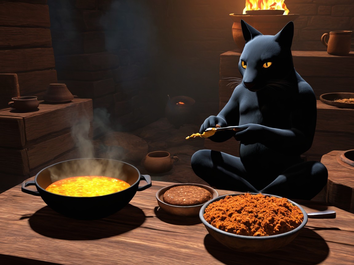Humanoid Cat Stirring Golden Stew in Cozy Kitchen