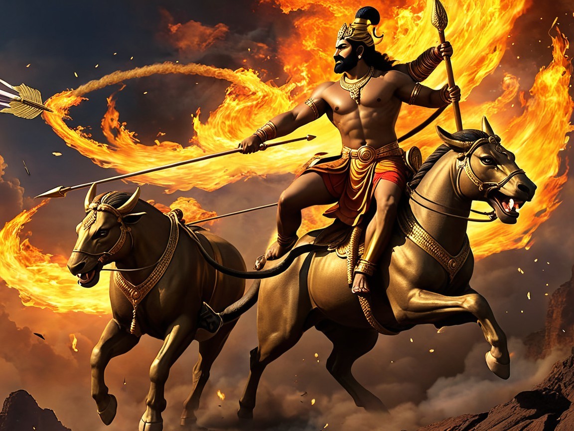 Warrior on Golden Horses with Fiery Bow and Arrow