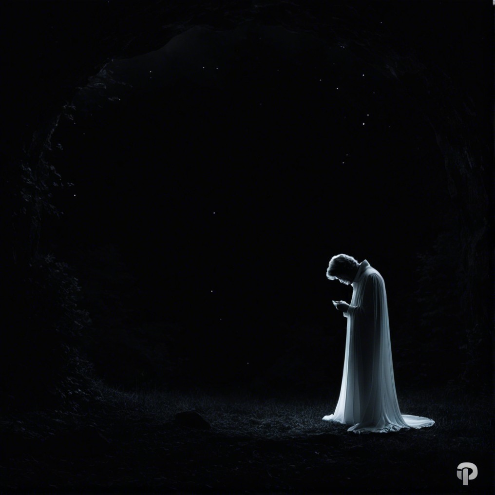 Solitary Figure in White Gown in Dark Cavern Space