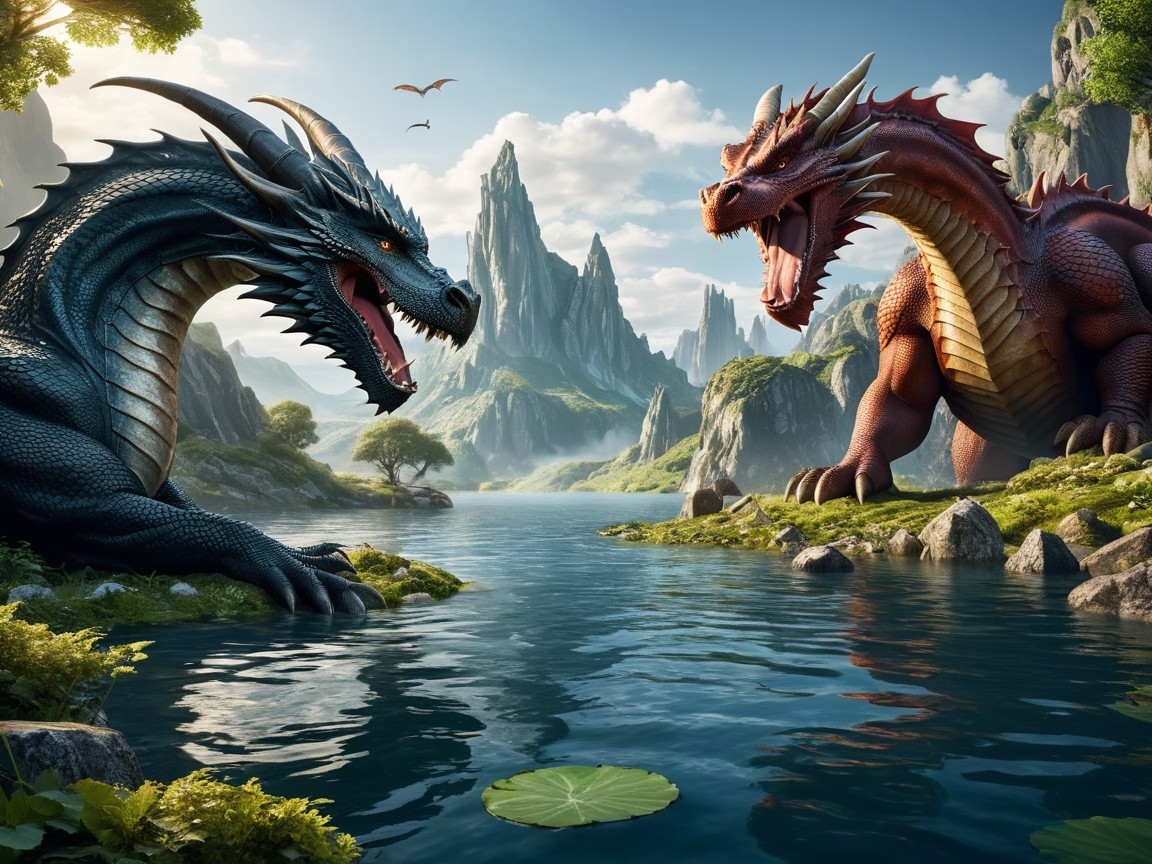 Dragons Facing Across a Serene Lake in Fantasy Landscape