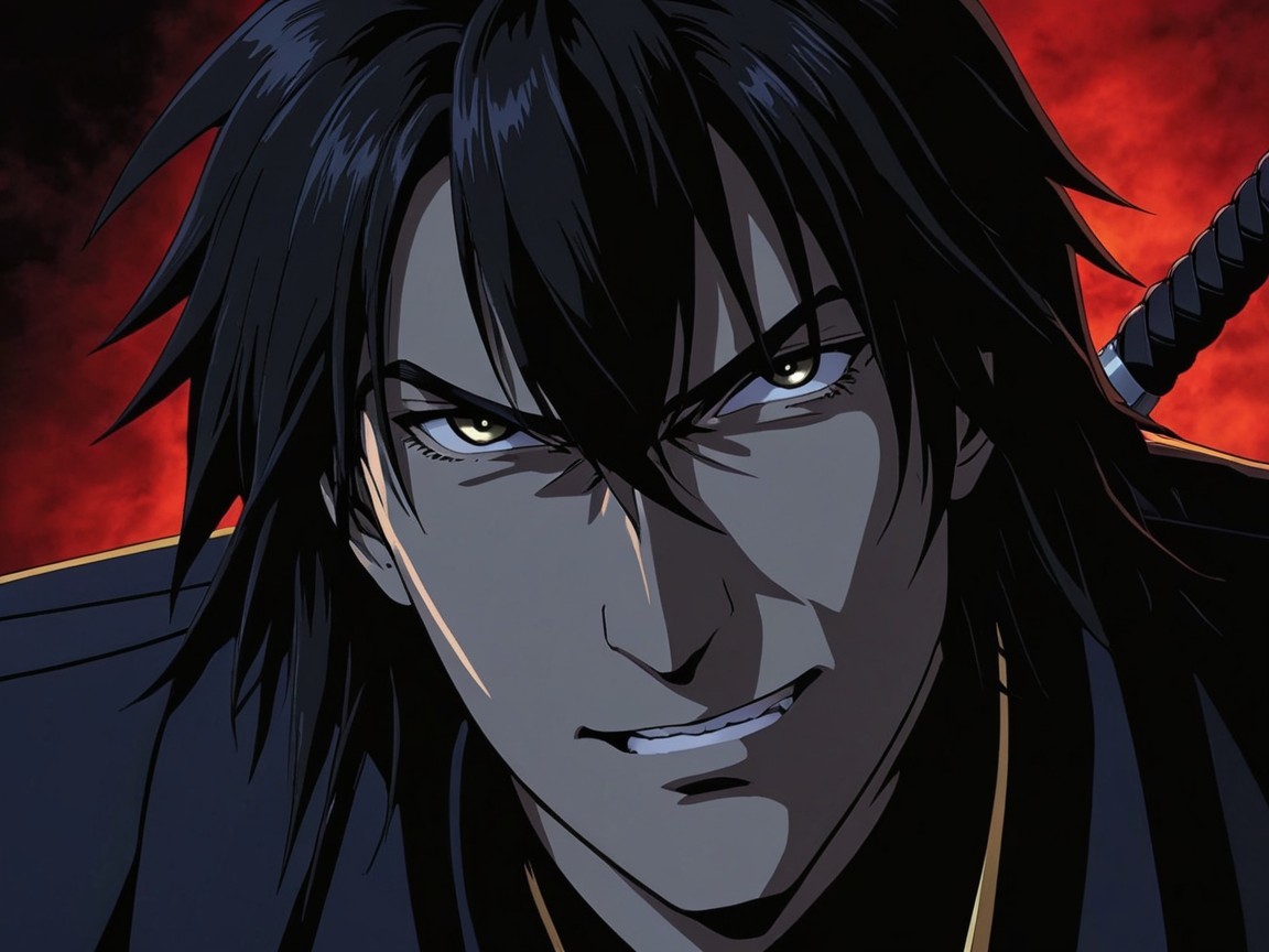 Fierce Male Character with Intense Expression and Red Background