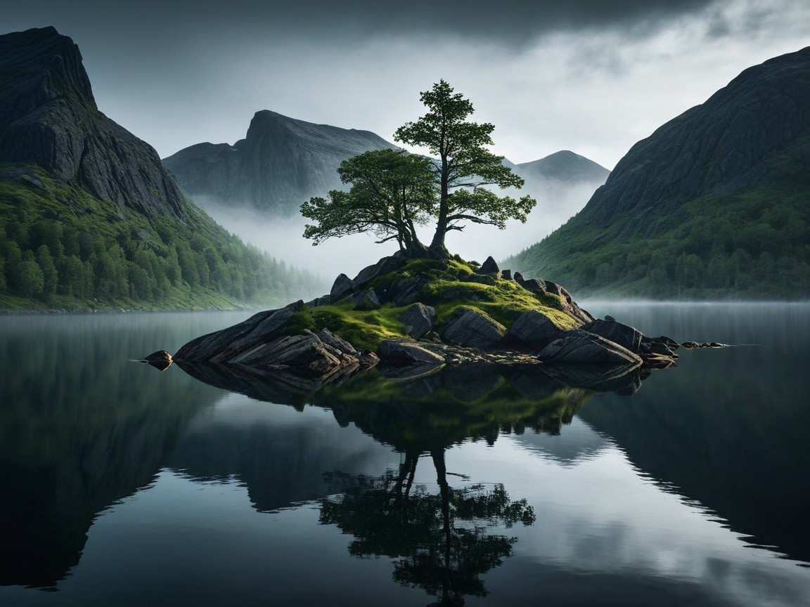Serene Landscape with Tree and Mountain Reflection