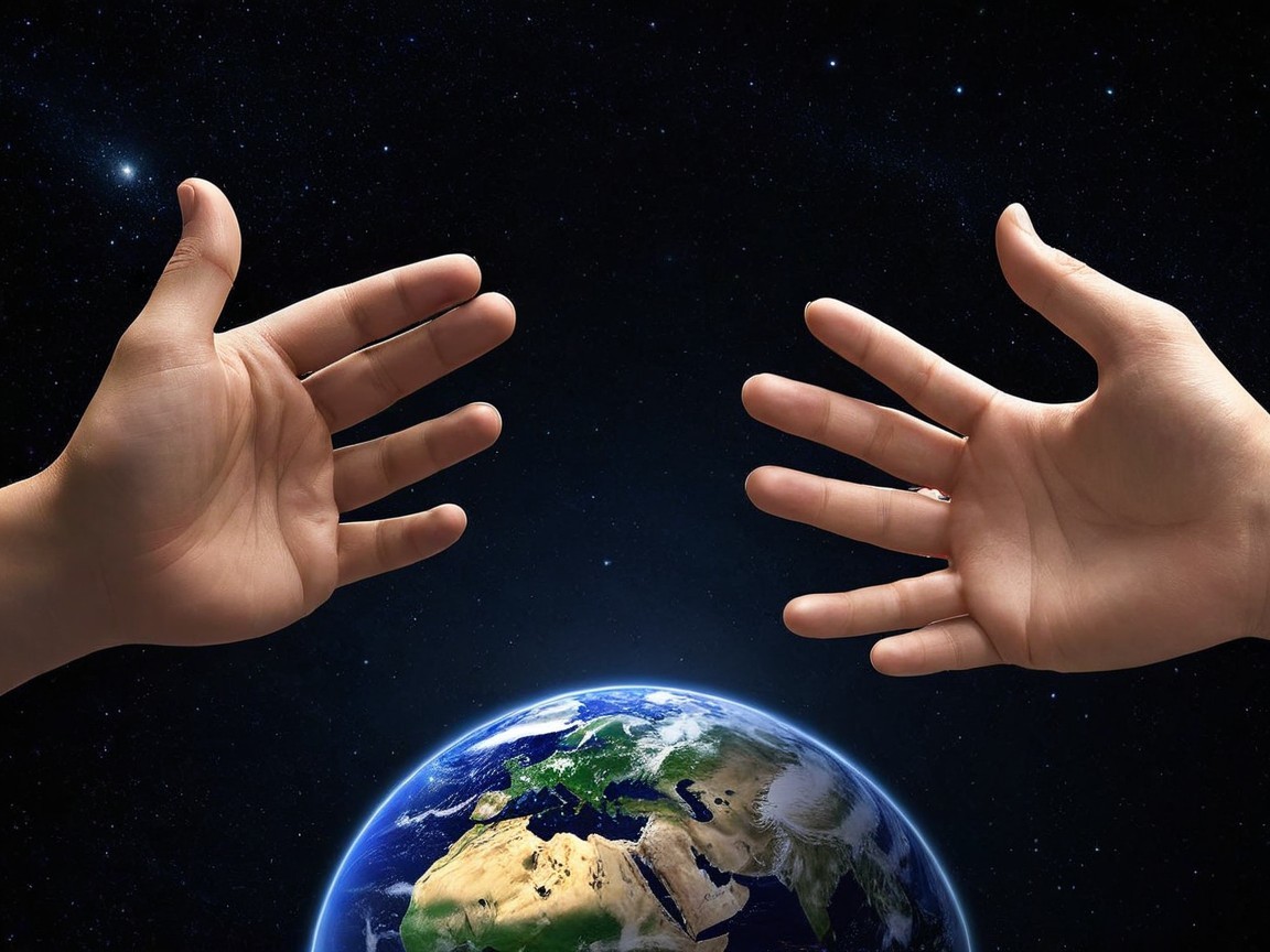 Hands Reaching in Space with Earth Below and Stars