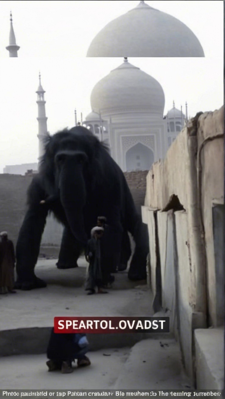 Elephant Overlooks Narrow Street with Domed Structure