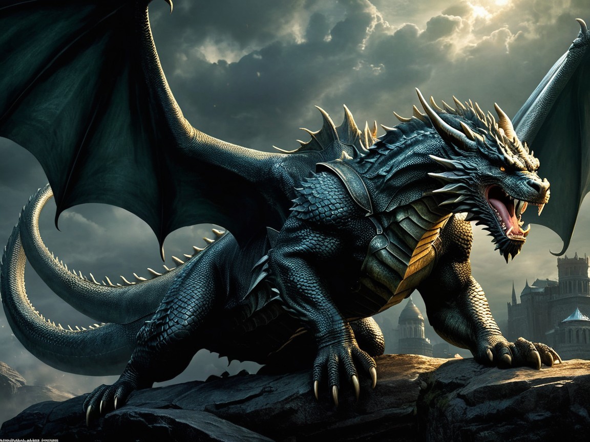 Dragon on Rocky Outcrop Under Dramatic Sky