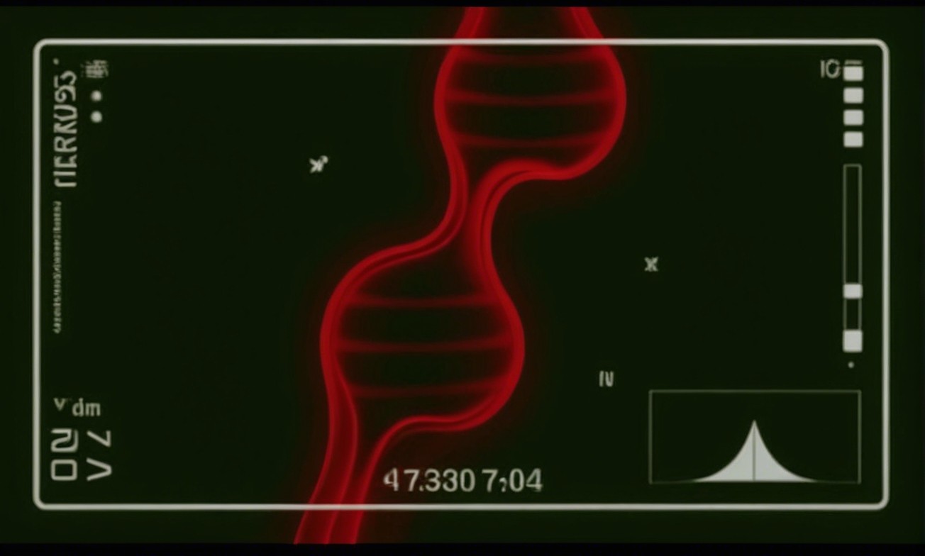 Stylized Red DNA Helix with Technical Readouts