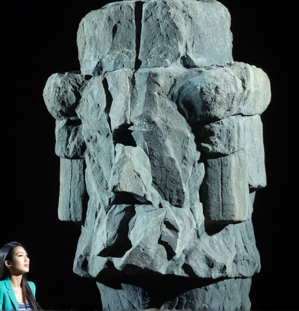 Large Stone Moai Statue with Woman in Teal Blazer