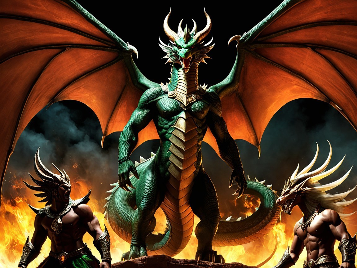 Majestic green dragon with armored warriors in fiery scene
