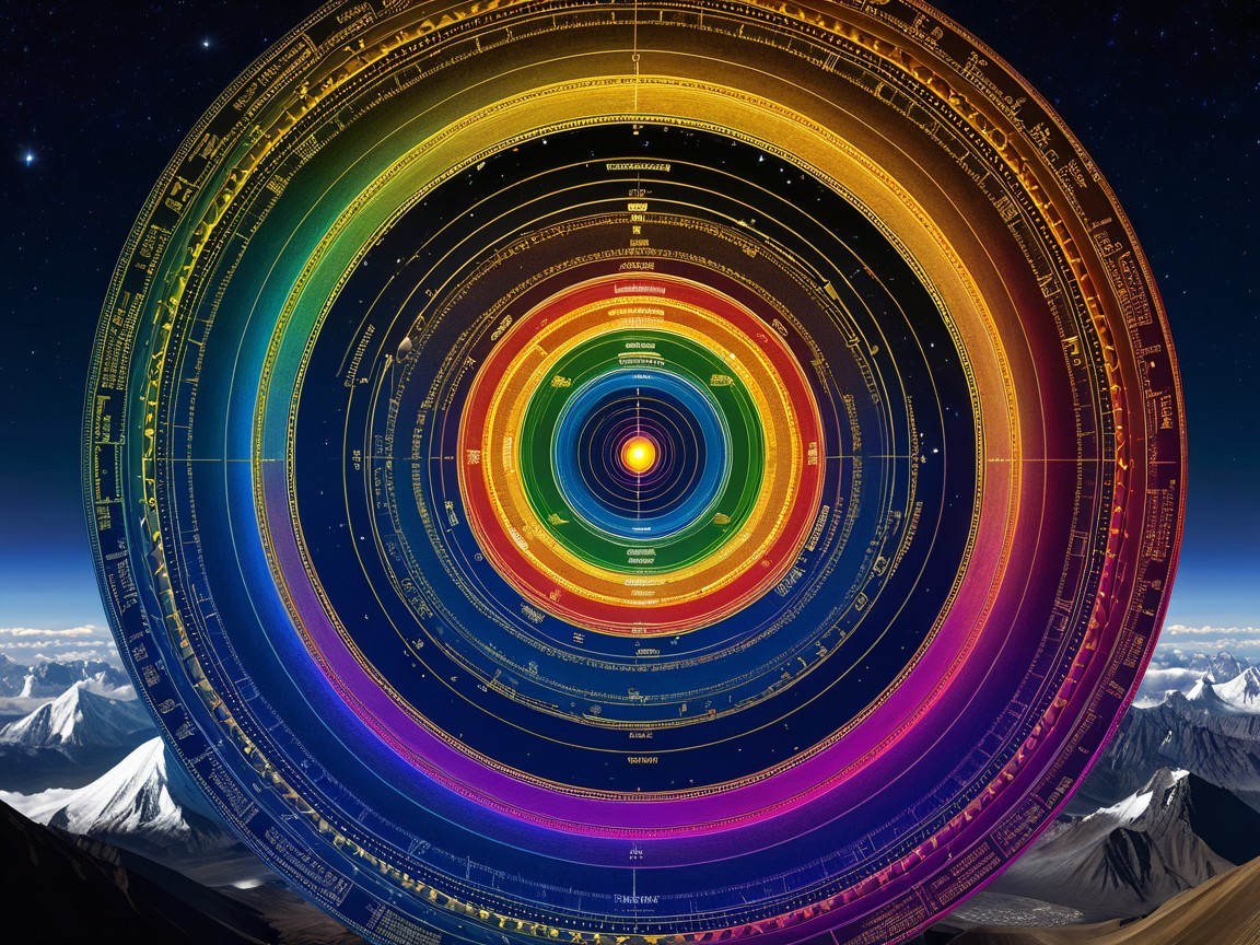 Color-gradient spectrum with mountains and starry sky