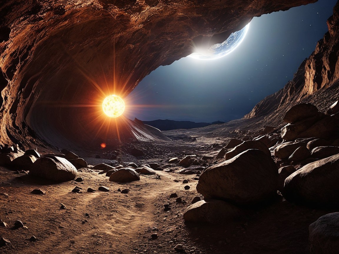 Cave Interior with Sunlight and Night Sky Planet