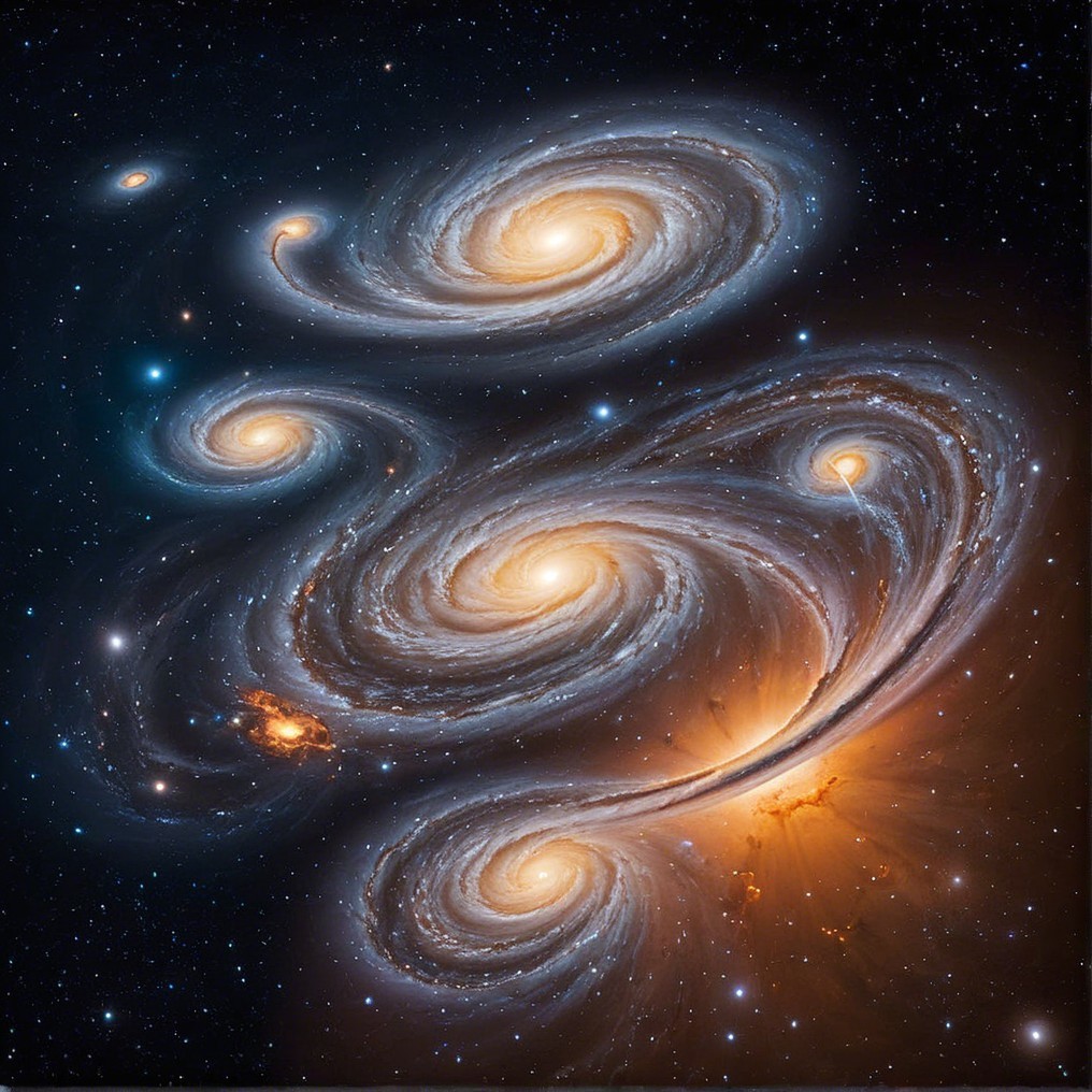 Cosmic Scene with Swirling Galaxies and Stars