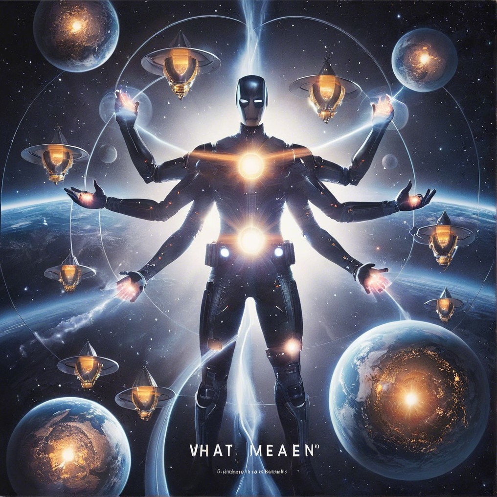 Futuristic figure with glowing arms in cosmic setting