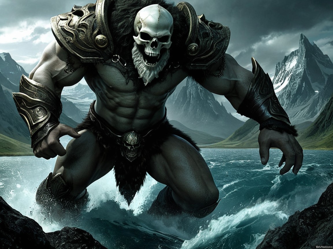 Colossal Armored Figure Overlooking Turbulent Waters