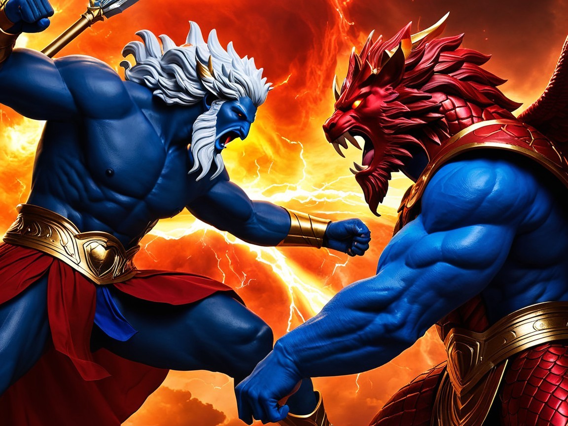 Epic Battle Between Blue Warrior and Red Beast