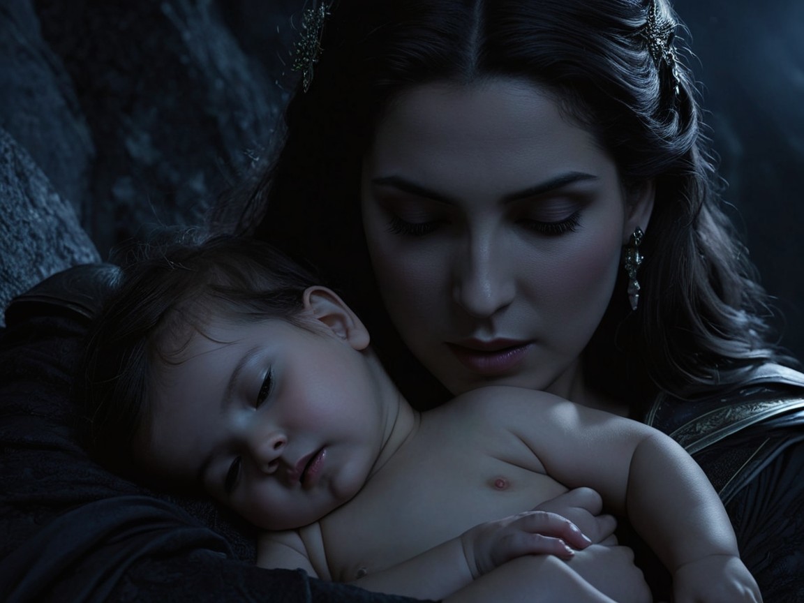 Mother Embracing Sleeping Baby in Serene Setting