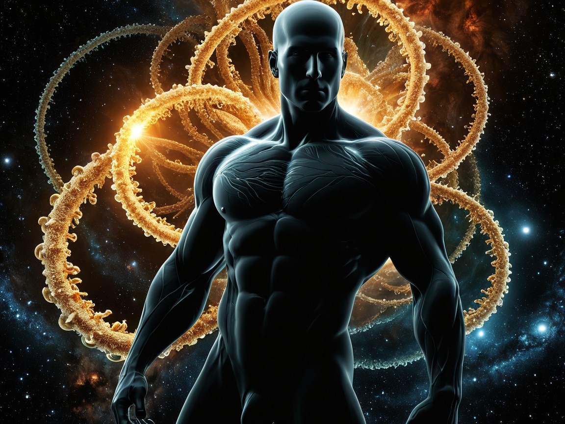 Muscular Figure Against Cosmic Energy Backdrop