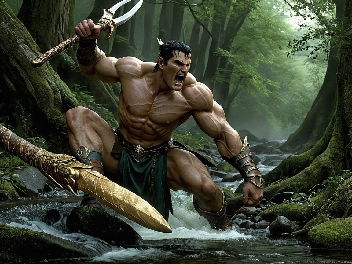 Muscular Warrior in Stream Surrounded by Greenery