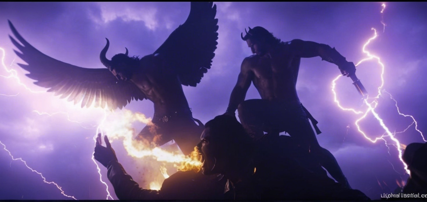 Dramatic Confrontation of Winged Figures in Stormy Setting