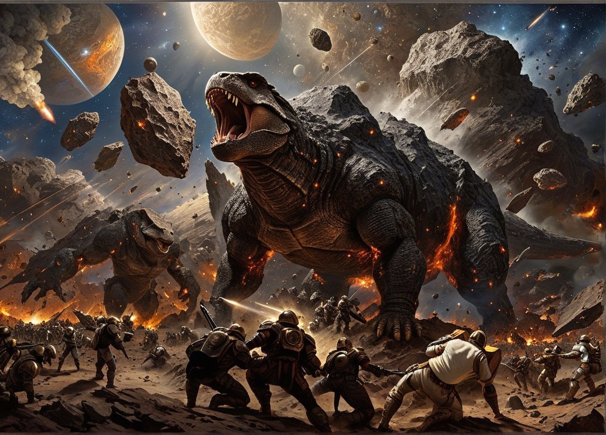 Lava-Spewing Turtles Confront Armored Soldiers in Space