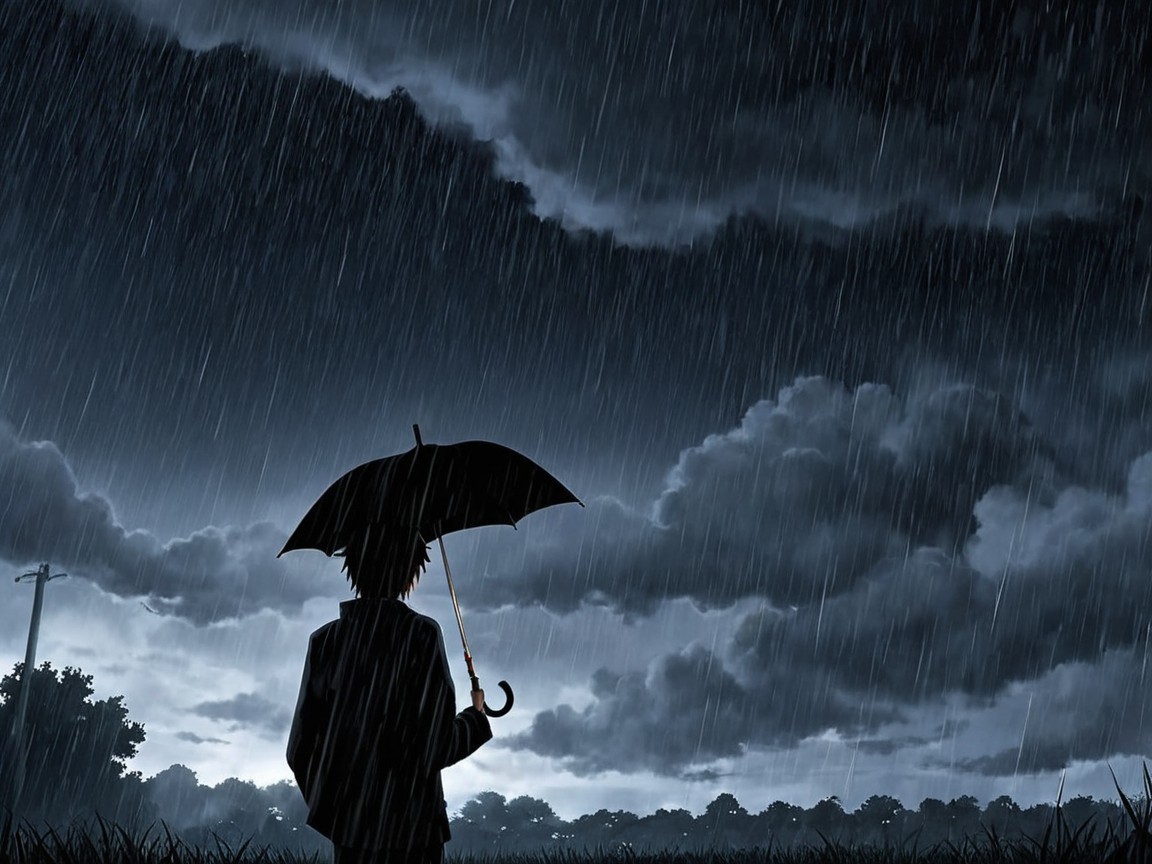 Solitary Figure with Umbrella in Stormy Landscape