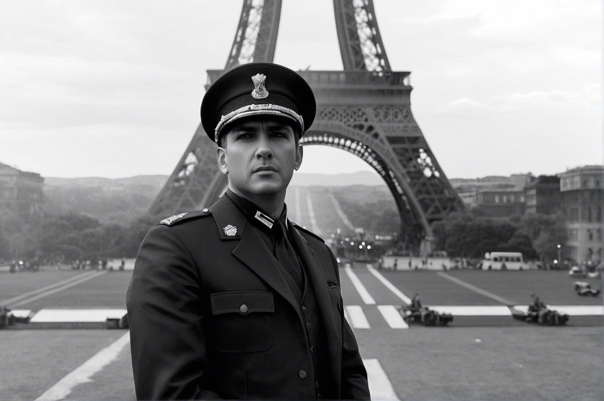 Monochrome Portrait of Figure by Eiffel Tower