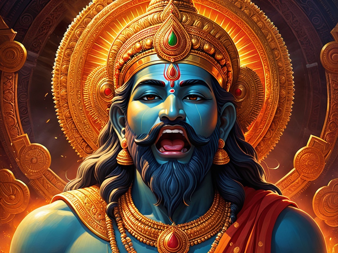 Vibrant depiction of a blue-skinned Hindu deity