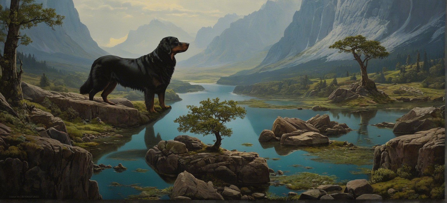 Rottweiler on Rocky Outcrop Overlooking Serene Lake