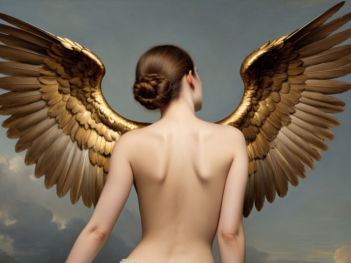 Woman with Bronze Wings in Ethereal Pose Against Sky