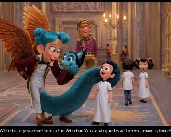 Colorful Animated Scene with Angelic Character and Child