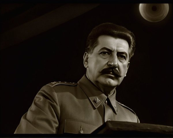 Historical figure in military uniform at podium