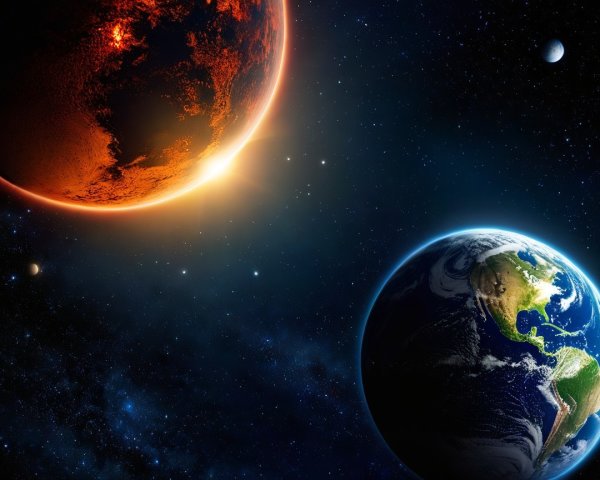 Vibrant Cosmic Scene of Earth and Reddish Planet