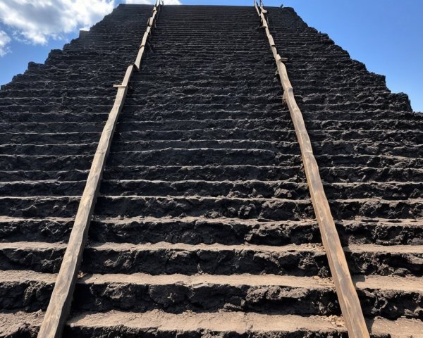 Steep Stone Staircase with Wooden Railings and Sky