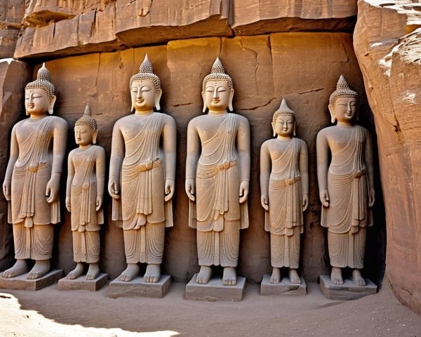 Intricately Carved Stone Buddha Statues in Row