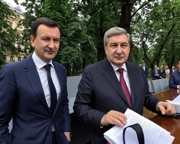 Men in Suits at Outdoor Meeting with Lush Greenery