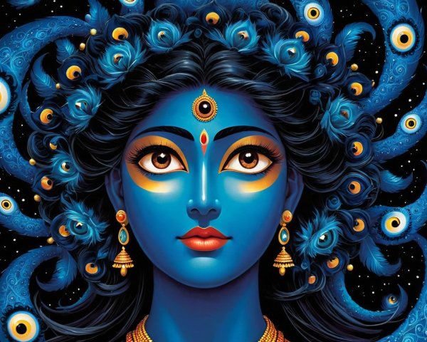 Blue-Skinned Goddess with Third Eye and Jewelry
