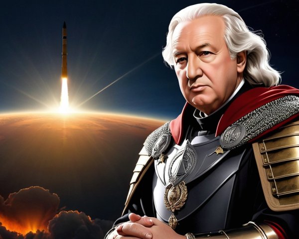 Leader in Ornate Attire Against Space Launch Background