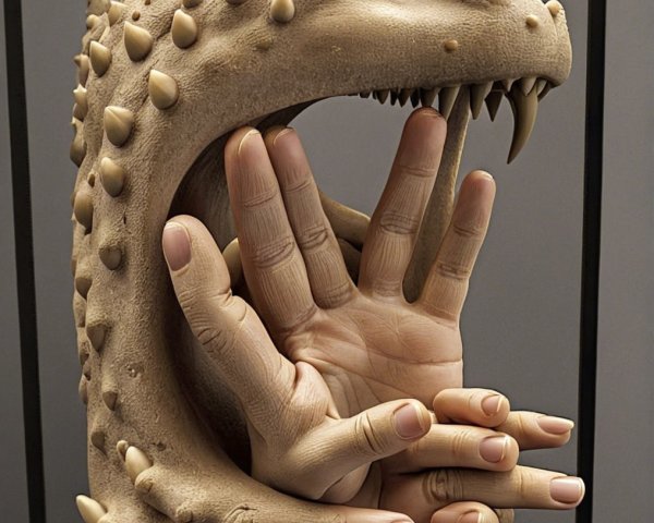 Sculpture of a Monster Entwined with a Human Hand