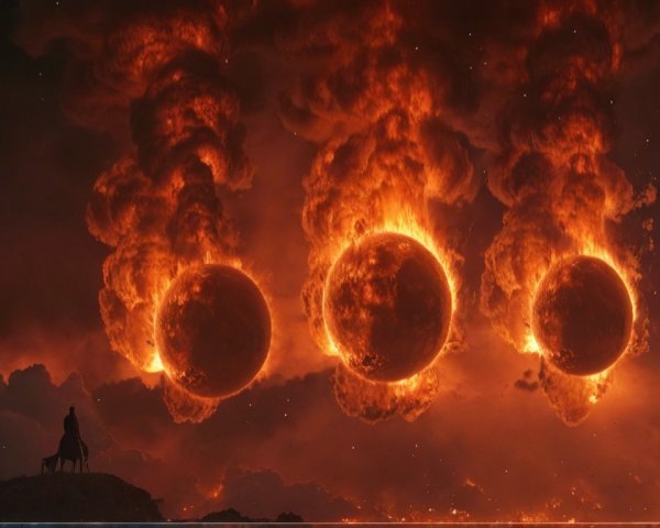 Dramatic cosmic scene with three flaming suns and smoke