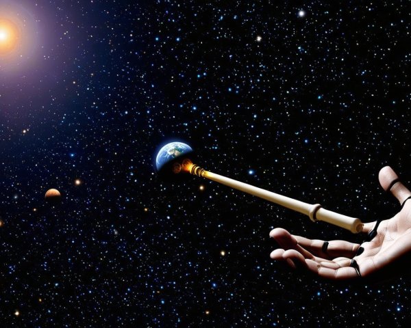 Hand Holding Stick with Glowing Earth in Space