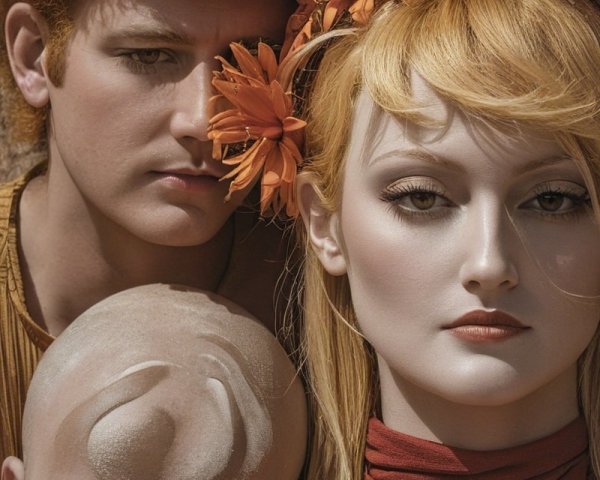 Three Individuals in Artistic Mythological Scene