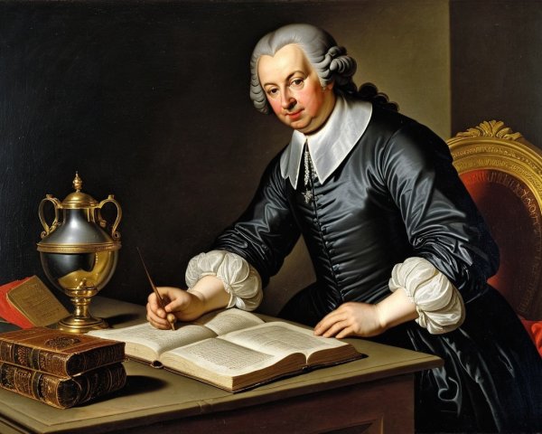 Gentleman in Black Outfit at Desk with Quill and Books