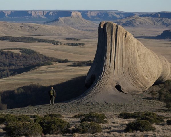 Solitary Figure by Unique Rock Formation in Landscape