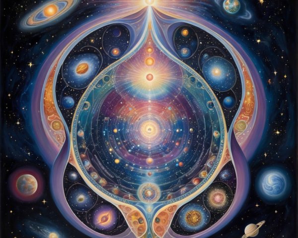 Vibrant Cosmic Design with Luminous Orb and Celestial Bodies