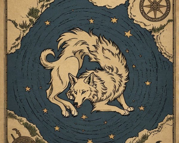 Intricate Wolf Illustration with Celestial Elements