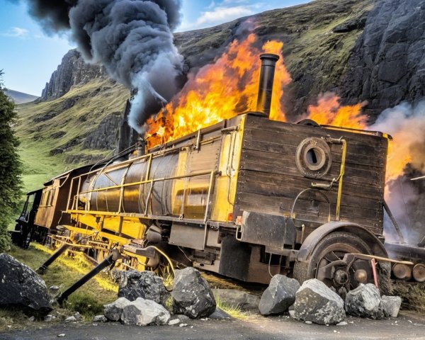 Vintage Steam Train on Fire in Rocky Landscape