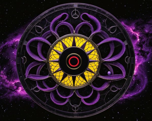 Circular design with black circle and cosmic background