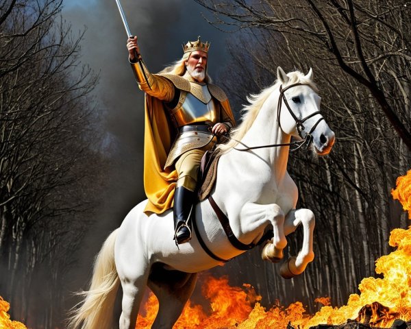 Regal figure in armor on a white horse with flames