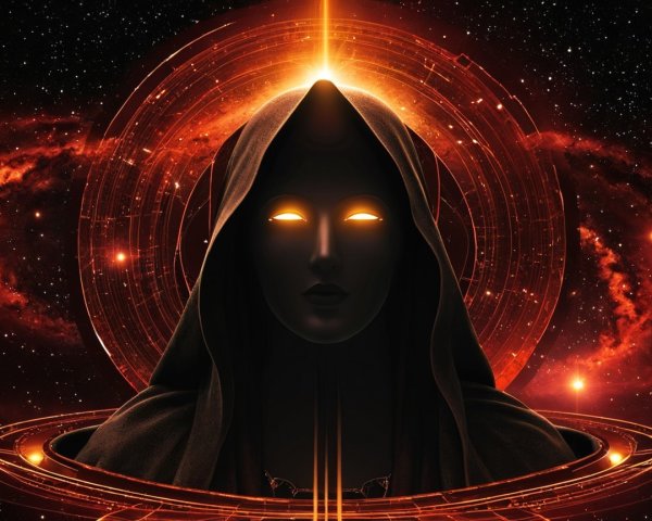 Mysterious Cloaked Figure Against Cosmic Background