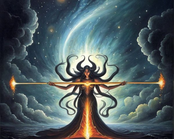 Mystical Figure with Staff Surrounded by Cosmic Elements