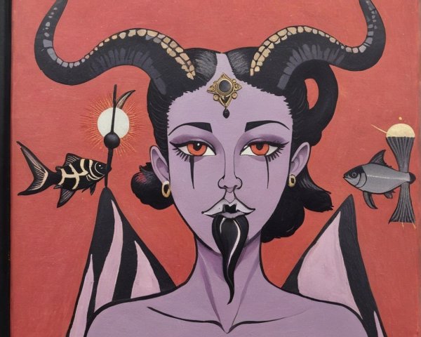 Character with Purple Skin and Celestial Symbols
